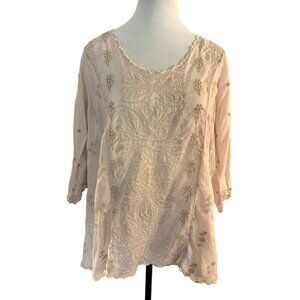 Johnny Was Ridden Embroidered Eyelet Cupra Rayon Tunic Top Size XS